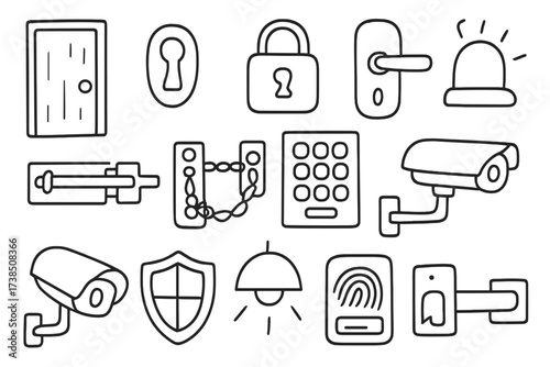 Security Icons Doodle. Hand-drawn doodle illustration door lock door, keyhole, padlock, handle, bolt, chain, keypad, alarm bell, security camera, shield,