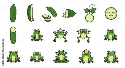Playful vector illustration featuring cute cartoon frogs and fresh green cucumbers assorted shapes