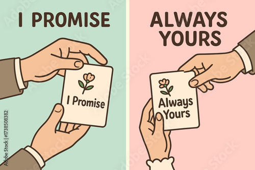 Vows Exchange Banners. Vows. Two vertical A6 banners, cartoon, pastel mint and pink backgrounds, hands exchanging vow cards with small flowers, first banner