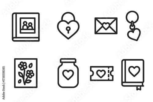 Romantic Memory Icons. Outline icon set of romantic walk memories: photo album, heart-shaped lock, love letter, souvenir keychain, flower press, memory jar,