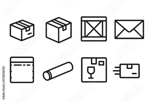 Package Type Icons. Outline icon set of package types: small parcel, medium box, large crate, envelope, padded mailer, tube, fragile package, express parcel.