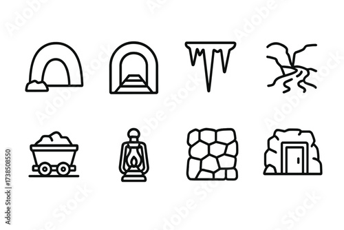 Secret Door Icons. Outline icon set of secret door exploration: flashlight, map, compass, rope, lantern, crowbar, binoculars, adventure boots. Line icons in