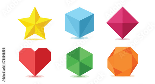 Set of Geometric 3D Icons Star Cube Diamond Heart Hexagon Octagon