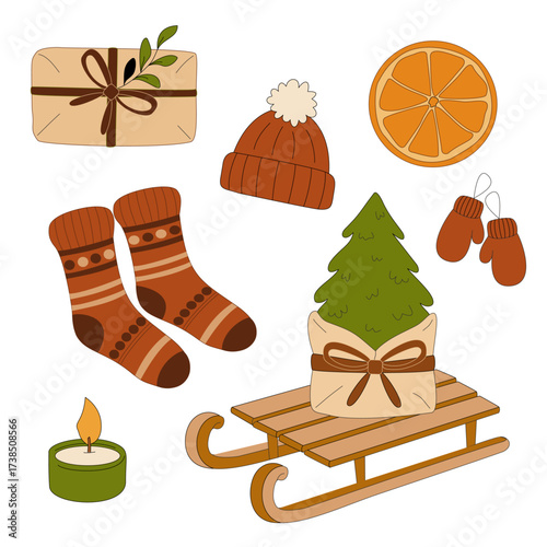 Vector mini set with festive winter elements such as tree, gift, socks, mittens, hat, candle, sled and dried orange in warm cozy style.