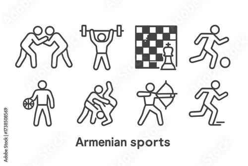 Armenian Sports Icons. Outline icon set of Armenian sports: wrestling, weightlifting, chess, football, basketball, judo, archery, running. Line icons in only