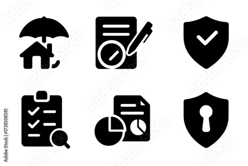 Liability Protection Icons. Solid, filled icon set of liability protection: insurance, contract, disclaimer, legal shield, compliance, risk assessment, audit,