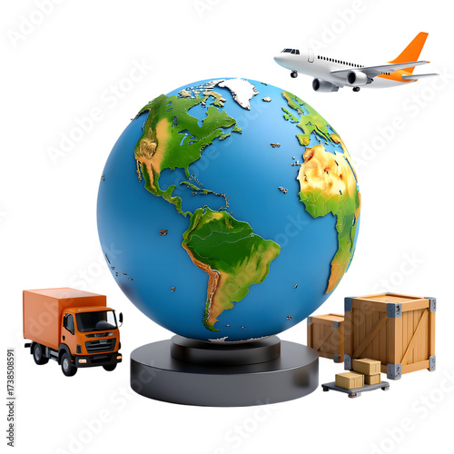 3d global logistics concept with earth globe airplane and delivery truck in transparent background png and white background jpg