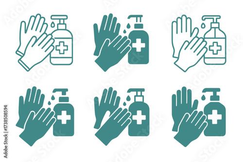 PPE Logo Variations. Personal protection equipment (PPE) during COVID-. Set Logo of PPE during COVID-: gloves and hand sanitizer. harmonious logo variations of