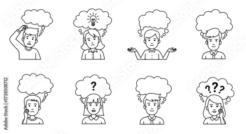 Line art illustration of people expressing different thoughts and emotions with bubble thoughts