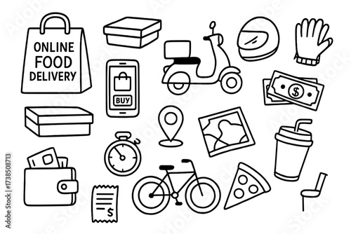 Food Delivery Icons. Hand-drawn doodle illustration online food delivery delivery bag, food box, scooter, helmet, gloves, smartphone, map, wallet, timer, bike,