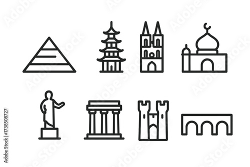 Cultural Landmark Icons. Outline icon set of cultural landmarks: pyramid, pagoda, cathedral, mosque, statue, ancient ruin, castle, bridge. Line icons in only
