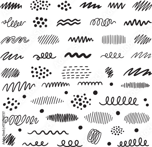 Hand Drawn Doodle Pattern with Squiggles, Dots, Lines, and Spirals for Creative Designs and Visual Elements