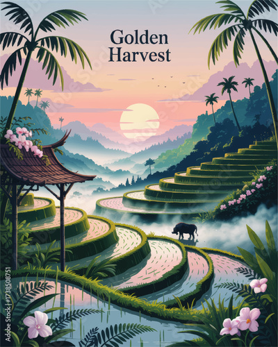 Serene Sunset Over Lush Rice Terraces with Water Buffalo, Tropical Palms, Misty Mountains, and Flowers – Tranquil Harvest Landscape Illustration