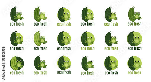 Delightful Eco Fresh Logos Featuring Cute Frogs with Cucumbers and Circular Green Elements