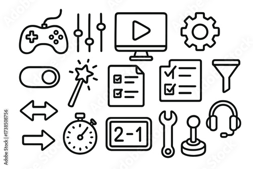 Game Icon Doodle Collection. Hand-drawn doodle illustration game preset gamepad, sliders, computer screen, play button, gear, toggle switch, magic wand,