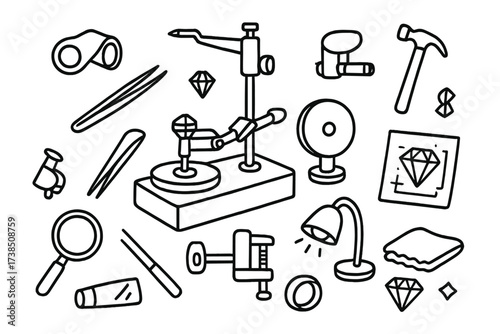 Lapidary Tools Doodle. Hand-drawn doodle illustration lapidary tools faceting machine, polishing wheel, loupe, cutting tool, tweezers, magnifying glass,