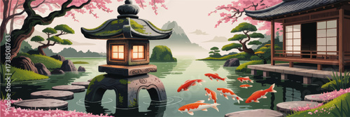 Tranquil Japanese Garden with Koi Fish Pond, Traditional Lantern, Sakura Trees, and Zen Architecture in Spring Landscape Illustration