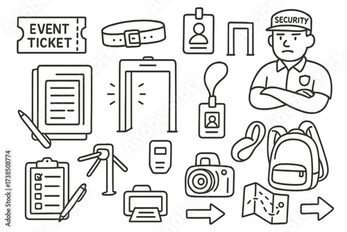 Event Security Icons. Hand-drawn doodle illustration event entry ticket, wristband, ID badge, security guard, metal detector, turnstile, clipboard, pen,