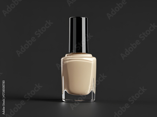 beige nail polish bottle close up studio style photo, against black neutral background