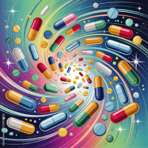 Colorful Capsules and Pills Swirling in Vortex, Medical Pharmacy Concept, Futuristic Healthcare Abstract Illustration