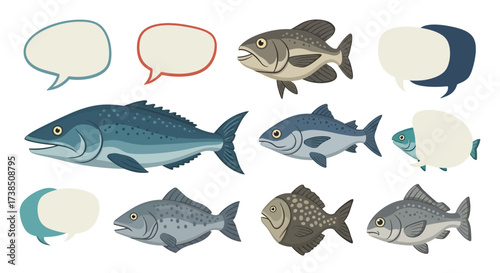 Collection of Cartoon Fish with Empty Speech Bubbles on White Background Illustration