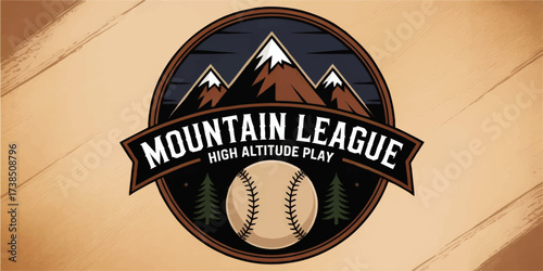 Vintage Mountain League Baseball Logo – High Altitude Play Emblem, Rustic Badge with Mountains, Pines, and Baseball Design
