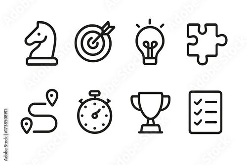 Influence Strategy Icons. Outline icon set of influence strategy: chess knight, target, light bulb, puzzle piece, roadmap, stopwatch, trophy, checklist. Line