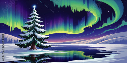 Enchanted Winter Night Landscape with Snowy Christmas Tree, Northern Lights Aurora Borealis, and Star Reflection on Frozen Lake – Vector Illustration