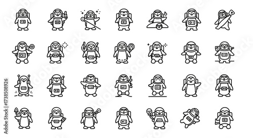 Collection of charming line art penguin astronaut icons for versatile design projects suitable for