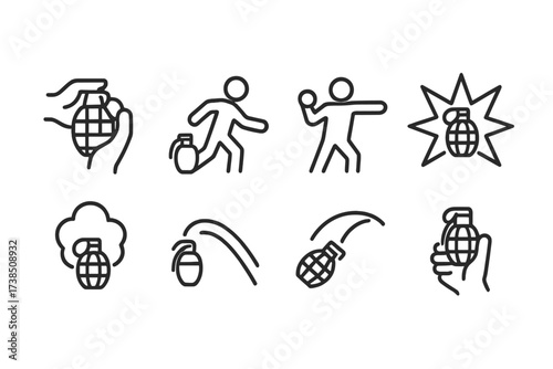 Grenade Handling Icons. Outline icon set of grenade throwing and handling: pull pin, throw motion, aiming, explosion, smoke cloud, impact, throw arc, safety