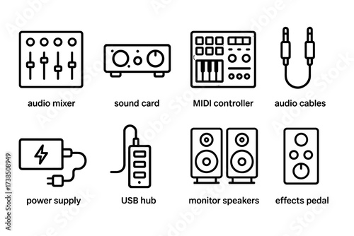 DJ Gear Icons. Outline icon set of DJ technical gear: audio mixer, sound card, MIDI controller, audio cables, power supply, USB hub, monitor speakers, effects