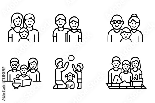 Family Moments Icons. Outline icon set of family moments: parents with child, siblings, grandparents, family dinner, playing together, bedtime story, family