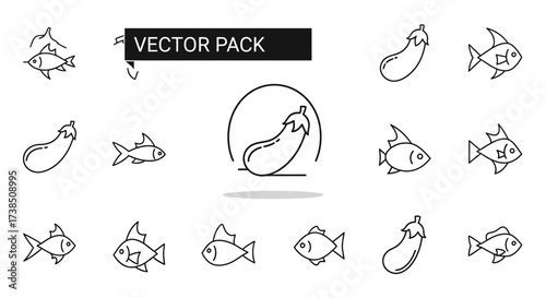 Collection of minimalist vector icons featuring fish and eggplants for graphic design projects