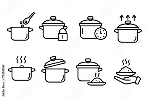 Pressure Cooker Icons. Outline icon set of pressure cooker usage steps: add ingredients, close lid, set timer, build pressure, cook, release steam, open lid,