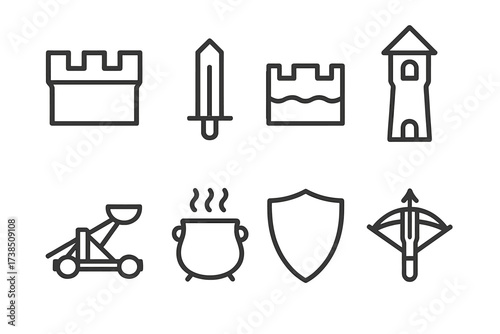 Castle Defense Icons. Outline icon set of castle defenses: battlement, arrow slit, moat, guard tower, catapult, boiling oil pot, shield, crossbow. Line icons