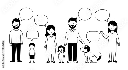 Illustration of a happy family with speech bubbles, representing communication and connection