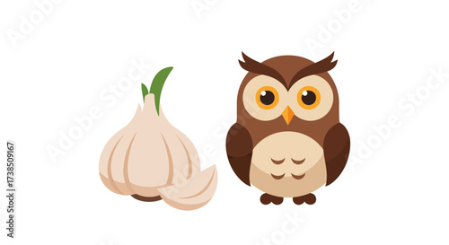 Cute vector illustration featuring a garlic bulb and a charming cartoon owl character