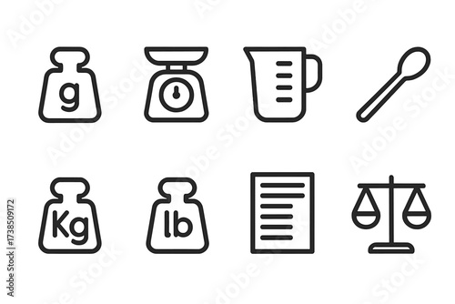 Serving Size Icons. Outline icon set of serving size and weight: gram weight, ounce scale, cup measure, tablespoon, kilogram, pound, nutrition label, balance