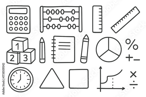 Math Tools Doodle. Hand-drawn doodle illustration math learning tools calculator, abacus, ruler, protractor, number blocks, pencil, notebook, pie chart, clock,