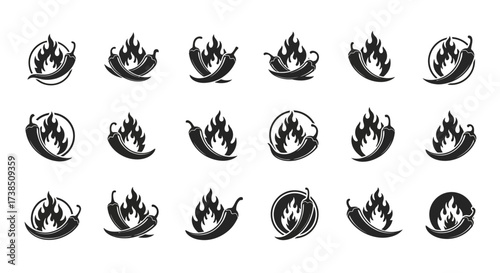 Set of hot chili pepper with flame vector illustration spicy ingredient and food symbol