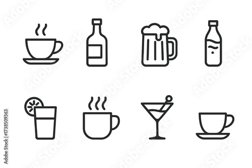 Norwegian Beverage Icons. Outline icon set of Norwegian beverages: coffee cup, aquavit bottle, beer mug, mineral water bottle, juice glass, hot chocolate,
