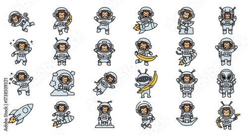 A charming collection of cartoon monkey astronauts exploring the cosmos through whimsical