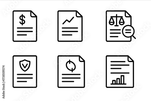 Financial Report Icons. Outline icon set of revenue reports: financial statement, profit & loss, balance sheet, audit, tax return, income statement, cash flow
