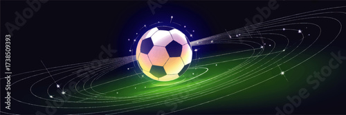 Futuristic Glowing Soccer Ball in Space Orbit with Neon Streaks and Star Field on Dark Background – Digital Sports Illustration