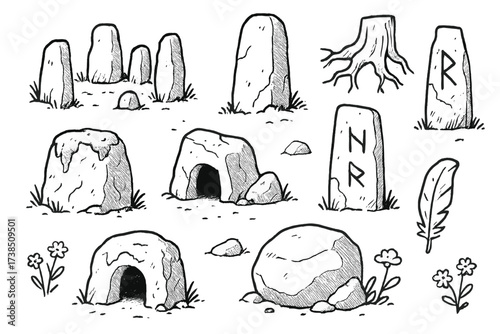 Ancient Stone Doodle. Hand-drawn doodle illustration ancient stones stone circle, monolith, carved pillar, ancient runes, moss, cracks, sunlight, shadow, dirt,