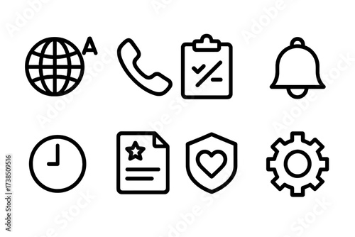 Receiver Preferences Icons. Outline icon set of receiver preferences: language, contact method, delivery instructions, notification settings, time zone,