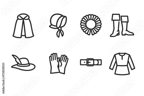 Old World Fashion Icons. Outline icon set of old world clothing and fashion: cloak, bonnet, ruff collar, boots, feather hat, gloves, belt, tunic. Line icons in