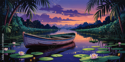 Tranquil Rowboat on Lotus Lake at Sunset, Magical Fireflies, Palm Trees and Colorful Cloudy Sky, Vibrant Nature Illustration Art