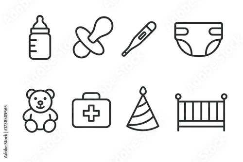 Children's Icons Collection. Outline icon set of children?s health and care: baby bottle, pacifier, thermometer, diaper, teddy bear, first aid kit, stroller,