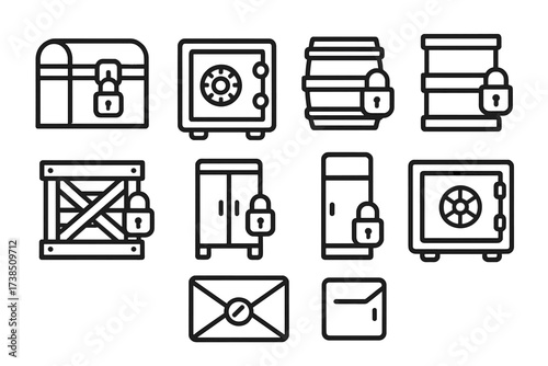 Secure and Share Icons. Outline icon set of locked and sealed containers: locked chest, safe box, sealed barrel, locked cabinet, secured crate, locked locker,